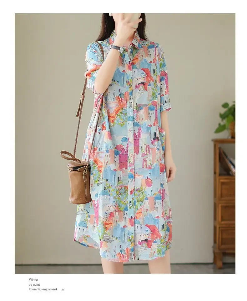 Fashionable Cartoon Printed Short-sleeved Shirt Skirt for Women in Summer Loose Dress