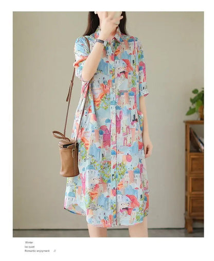 Fashionable Cartoon Printed Short-sleeved Shirt Skirt for Women in Summer Loose Dress