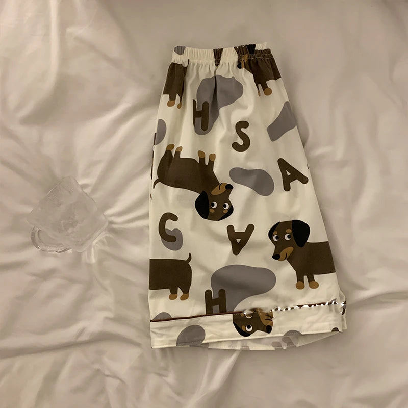 Spring Summer 2024 Cute Women's Pajamas Set Dachshund Print Cotton Two Pieces Short Sleeve Tops Full Length Pants Sleepwear 3991