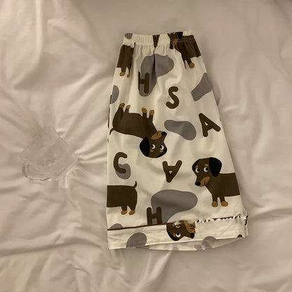 Spring Summer 2024 Cute Women's Pajamas Set Dachshund Print Cotton Two Pieces Short Sleeve Tops Full Length Pants Sleepwear 3991