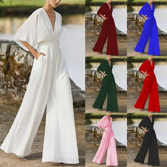 Jump Suits for Women V-neck Five-point Sleeve Wide-leg Pants Solid Color White Jumpsuits for Women Elegance Pants One Pieces new Badiee Stylez