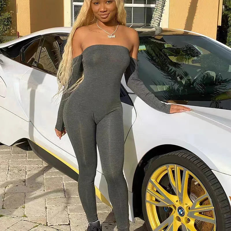 Women Fashion Bodycon Slim Fitting Jumpsuit Backless Long Sleeve Off Shoulder  Autumn Winter One Piece Casual Outfit Ladies Badiee Stylez
