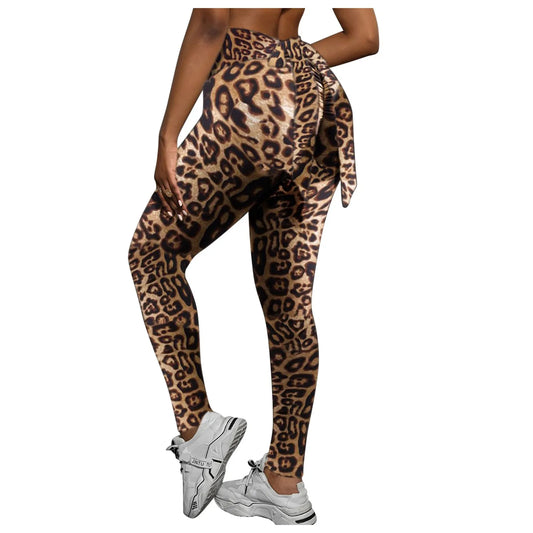High Waist Elastic Leggings Leopard Printed Legging Pants Bow Bandage Tights For Women Push Up Exercise Fitness Yoga Pants