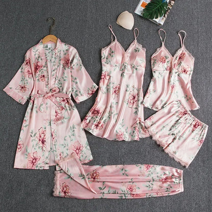 5-piece Set of Women's Sleepwear Sexy Silk Nightgown Lace Satin Nightgown V-neck Vest Breathable Comfortable Women's Nightgown