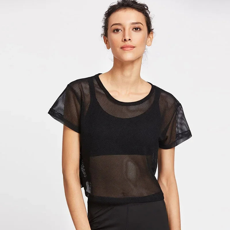Mesh Yoga Shirt Women Sport Top Short Sleeve T-Shirt Blouse Cover Up Fitness Tank Sportwear Quick Dry Running Gym Clothes