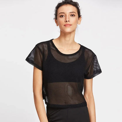Mesh Yoga Shirt Women Sport Top Short Sleeve T-Shirt Blouse Cover Up Fitness Tank Sportwear Quick Dry Running Gym Clothes
