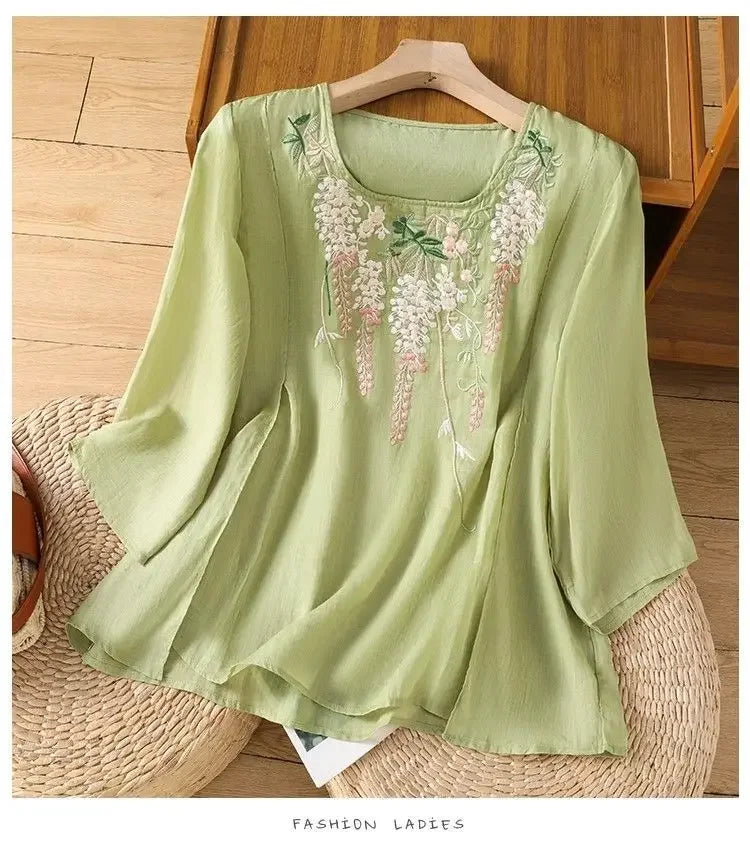 Thin Streetwear Vintage Clothes Ethnic Style Cotton Linen Shirts for Women Clothing Top Tshirt Tees Fashion Casual Embroidery