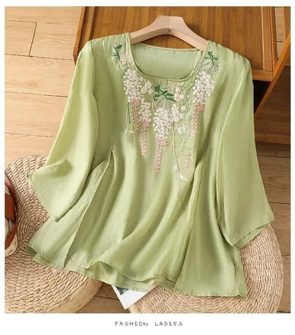 Thin Streetwear Vintage Clothes Ethnic Style Cotton Linen Shirts for Women Clothing Top Tshirt Tees Fashion Casual Embroidery