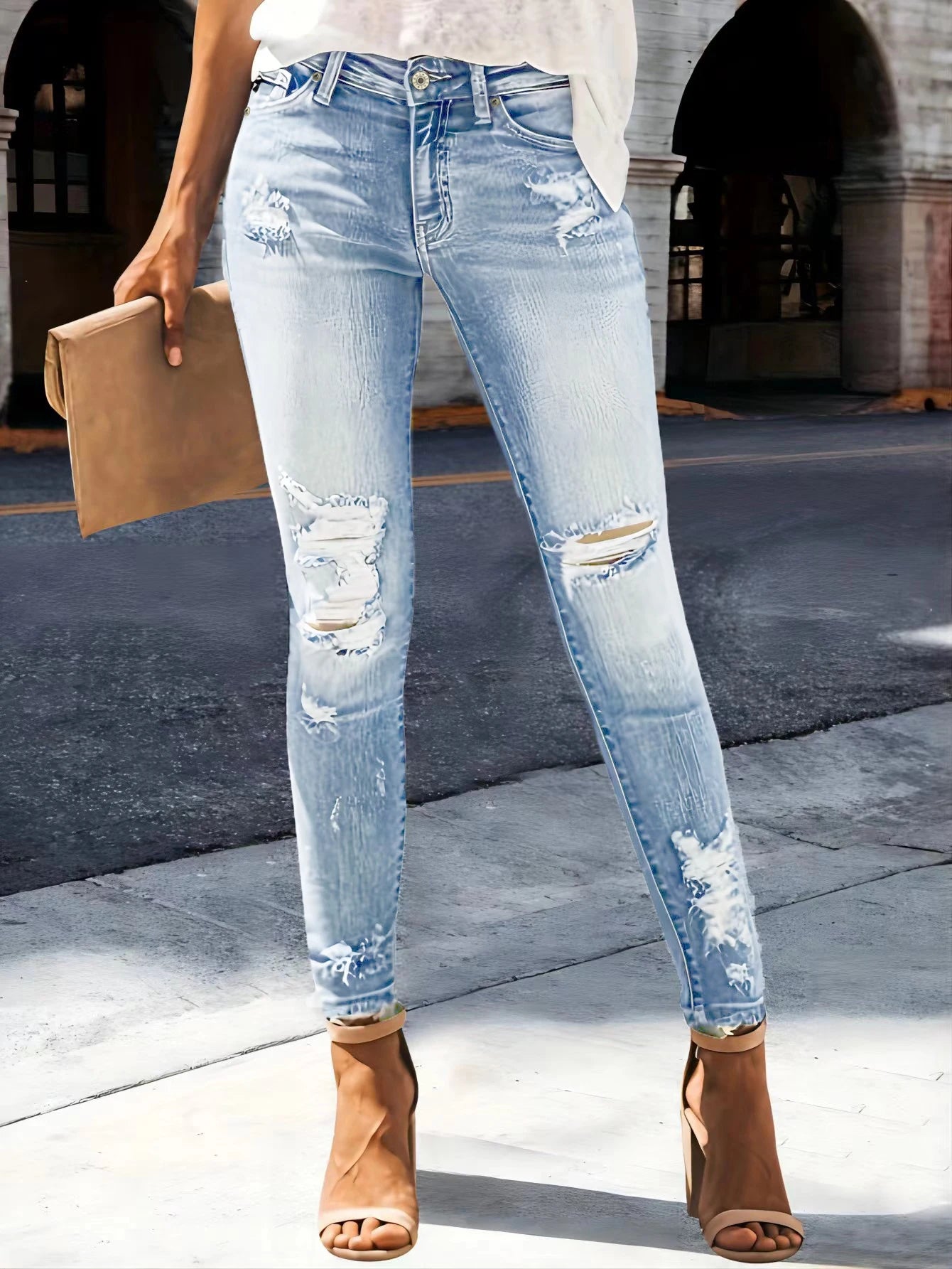 Women's jeans zhendian Collection high waist hip stretch slim fit all-matching nine-point jeans Light Blue