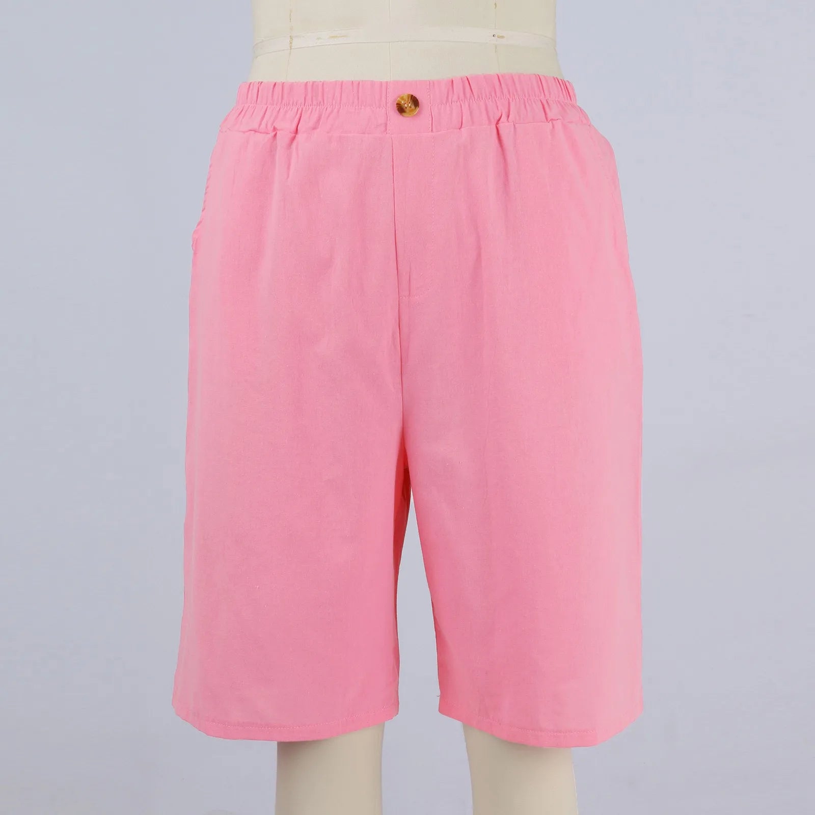 Female Fashion Solid Color Elastic High Waist Pocket Button Up Loose Cotton Linen Five Length Shorts Summer Soft Comfort Pants