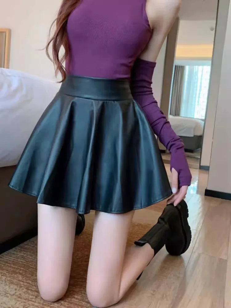 Multipurpose Elastic Mini Short Skirt Women Faux Leather Skirts High Waist For Skater Work Nightclub Badiee Stylez