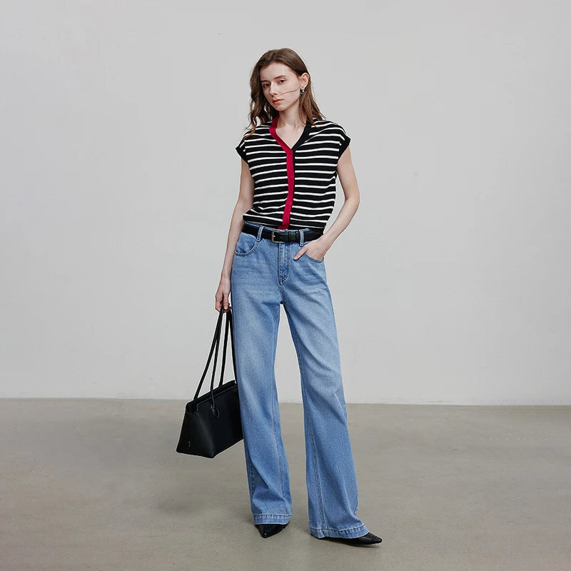 TOYOUTH Women Knitwear 2025 Summer New Short Sleeve Striped Contrast Color Pullover Tops 8523018