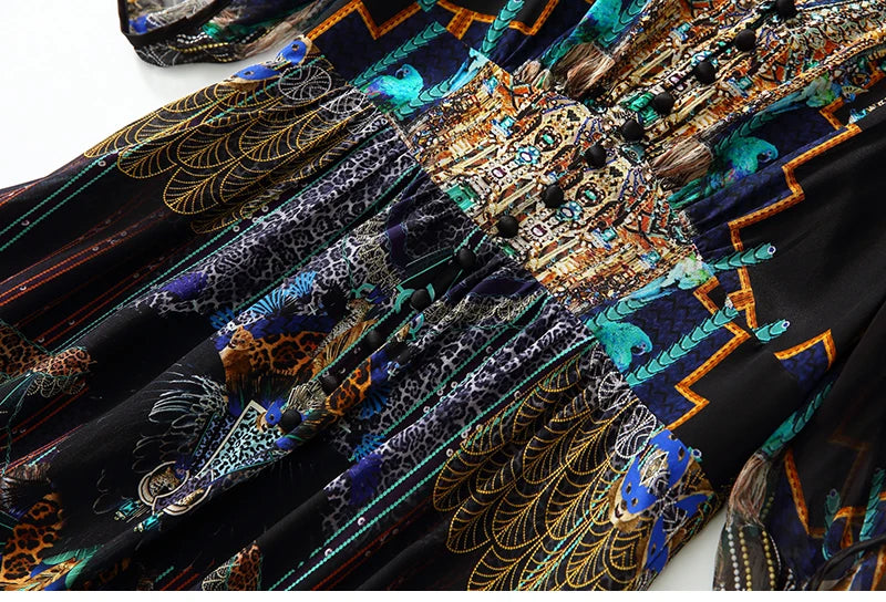 2025 Summer Bohemian Dresses For Women Elegant V-neck High Waist Women's Print Black Dress A-line 100% Real Silk Long Midi Dress Badiee Stylez