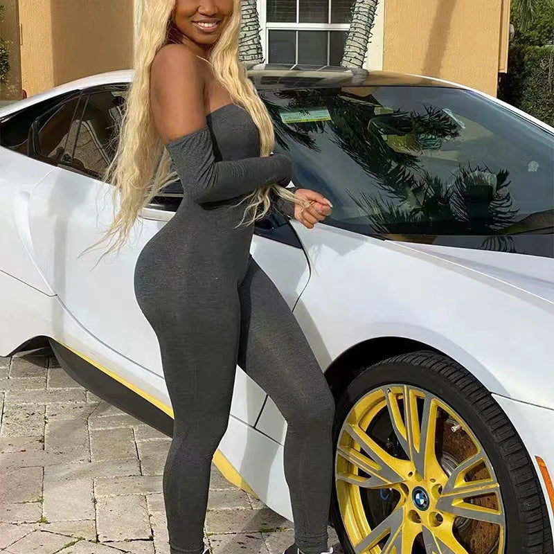 Women Fashion Bodycon Slim Fitting Jumpsuit Backless Long Sleeve Off Shoulder  Autumn Winter One Piece Casual Outfit Ladies Badiee Stylez