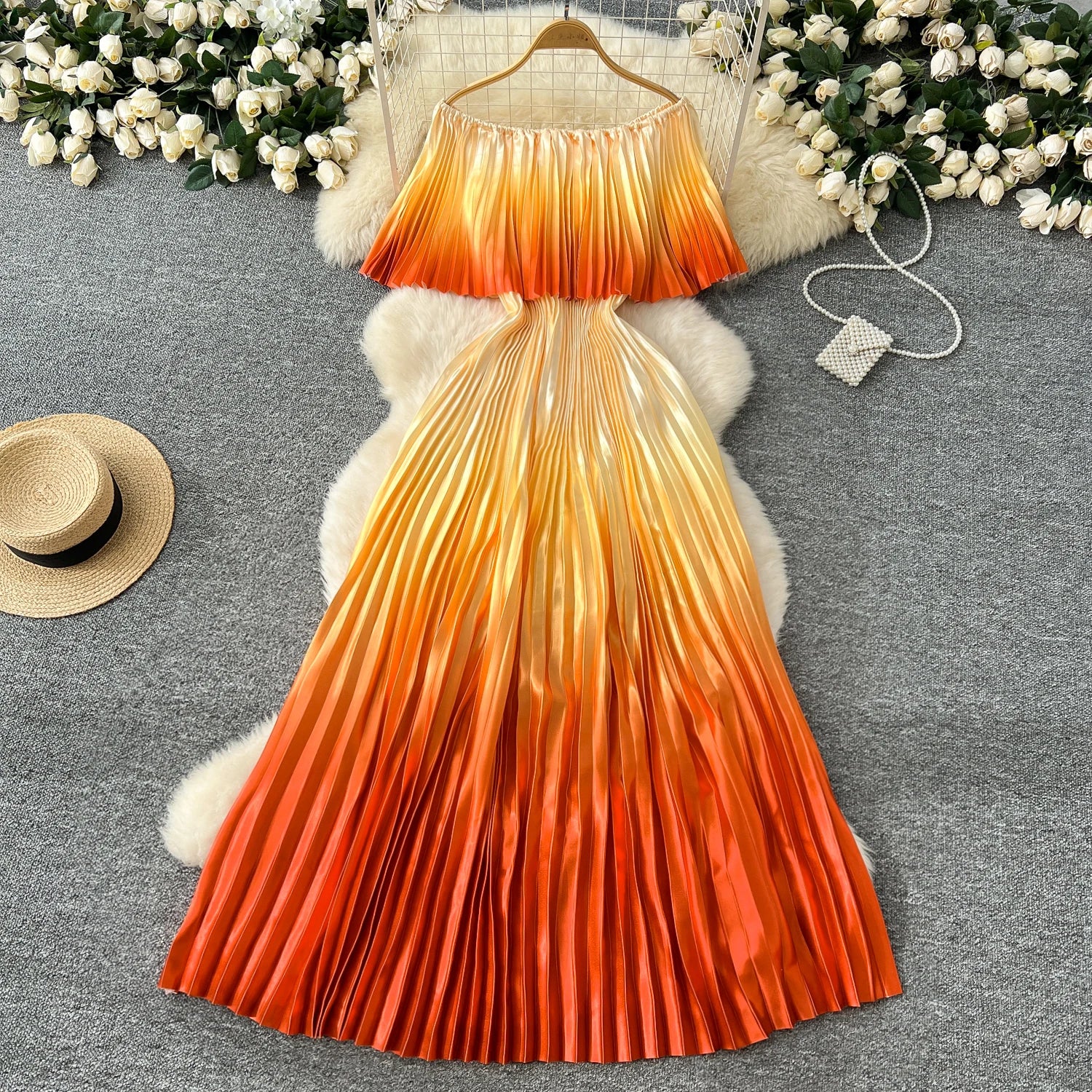 SINGREINY 2025 Gradient Party Long Dress Female Off Shoulder Elastic Waist A Line Sundress Vacation Luxury Pleated Maxi Dresses