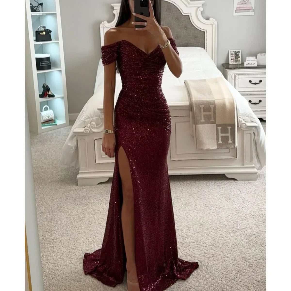 Womens Dresses New Party Sequin One Line Neckline Slit Dress Casual Fashion Dress for Women Burgundy