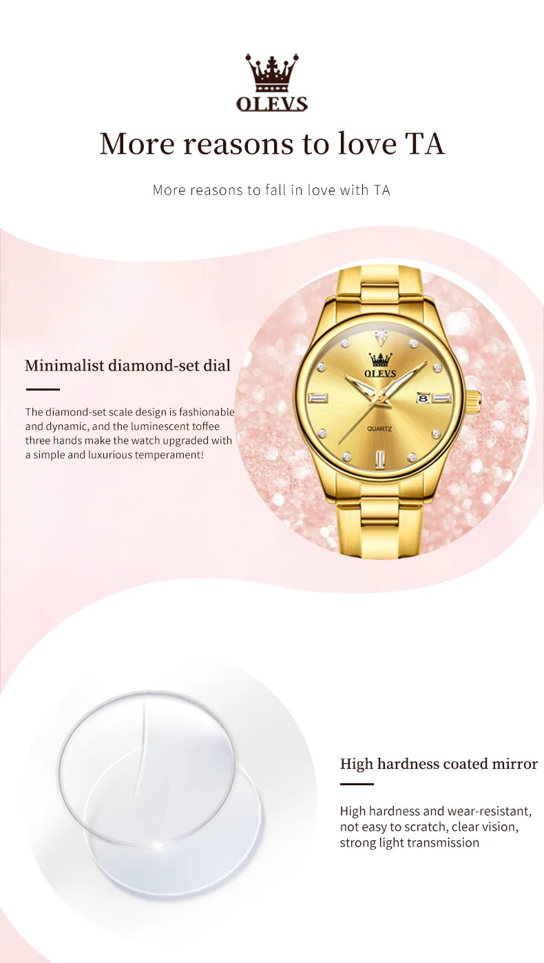 OLEVS Elegant Fashion Brand Women's Watches Gold Waterproof cCalendar Quartz Watch for Lady Stainless Steel Original Wristwatch