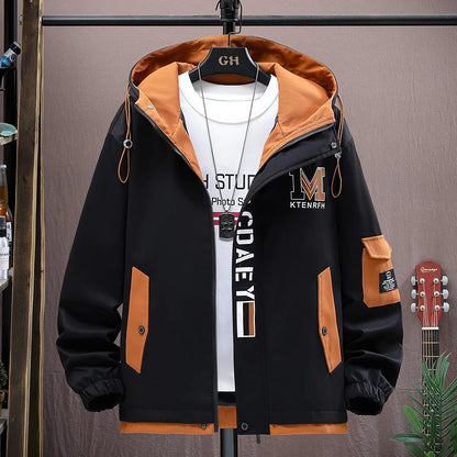 Men's Casual Hooded Jackets Autumn Patchwork Thin Coats Outwear Top Windbreaker Streetwear Male Outerwear Coat