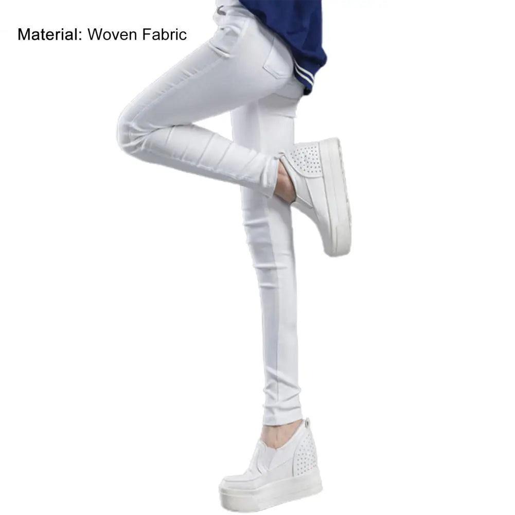 Office Lady Elastic High Waist Solid Color Trousers Summer Thin Female Clothing Casual Pockets Slim Nine Points Straight Pants