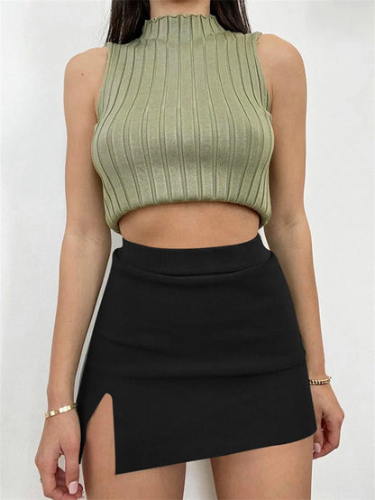 Knitting Women Skirts Side Split Brown Solid High Waist Autumn Fashion Skinny Harajuku E-Girl Female Short Skirt QT047