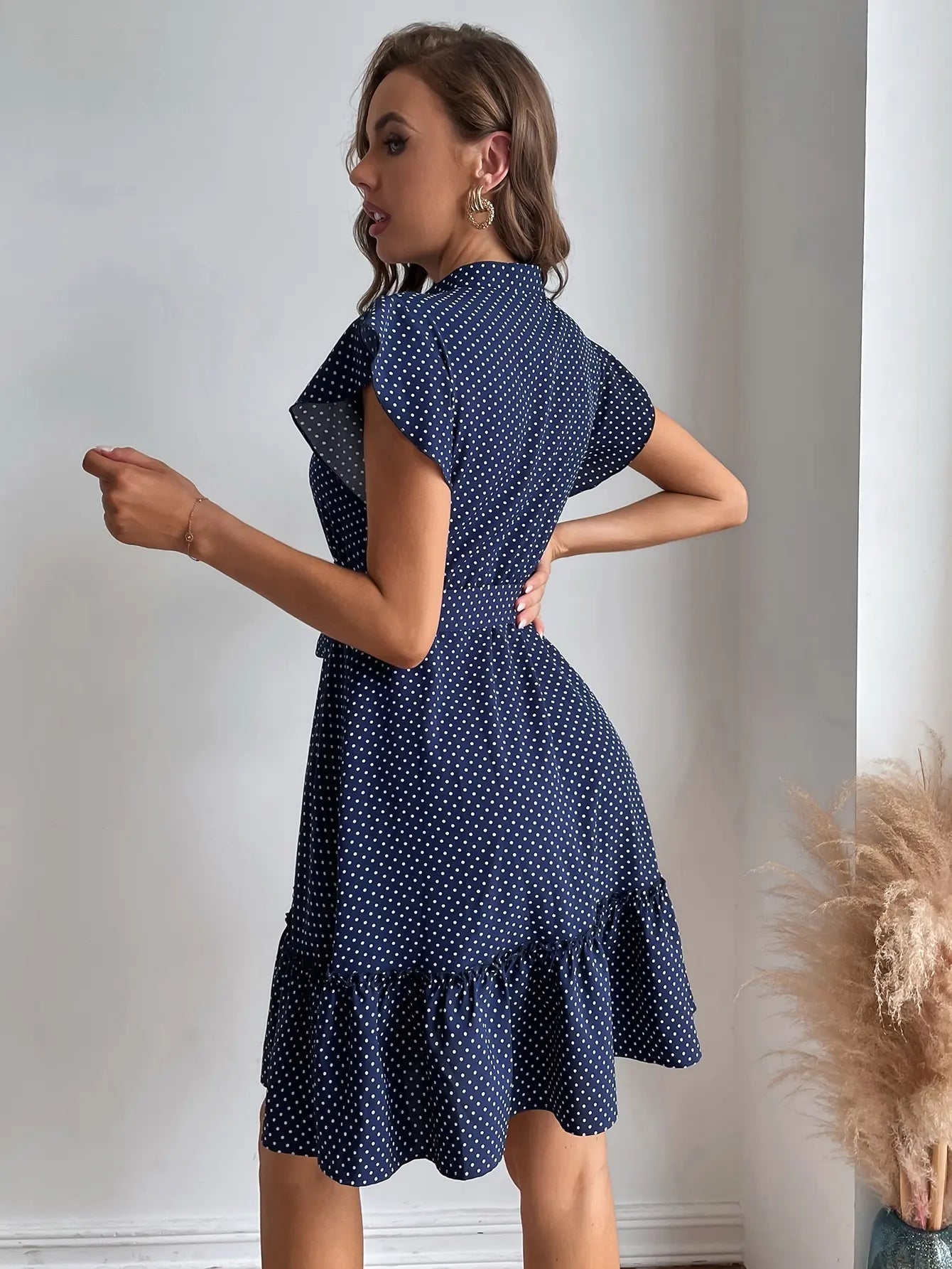 European and American women's polka dot printed butterfly sleeves with ruffled edges and wide pine hem waistband dress Badiee Stylez