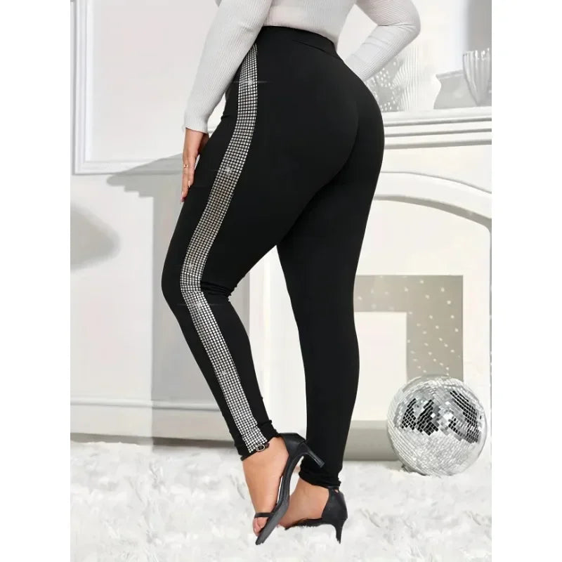 Plus Size New Women's Casual Rhinestone-Trimmed Tight Leggings - Stretchy Solid Color All-Season Machine Washable