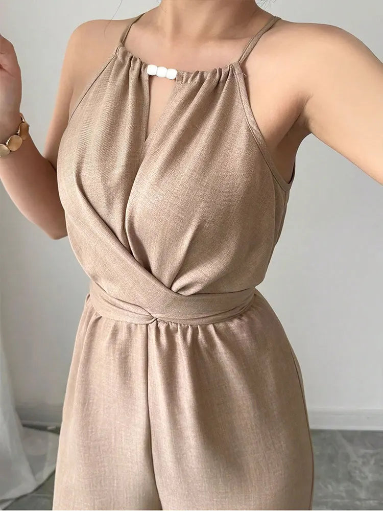 Summer Women's Jumpsuits New Streetwear Fashion Lace-up Casual Slim Folds Rompers Solid Sexy Hollow Out O-Neck Female Clothing Badiee Stylez