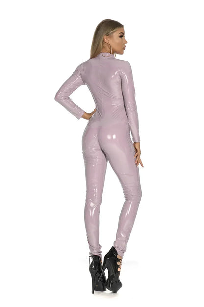 Women's Wet Look Shiny PU Faux Leather Jumpsuit Suit Long Sleeve Zipper Open Crotch Latex Bodysuit Clubwear Plus Size Badiee Stylez