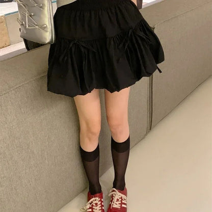Sweet Bowknot A Line Skirts for Women 2025 Korean Style Pleated Cake Short Skirts Woman Summer Solid Color High Waist Mini Skirt black