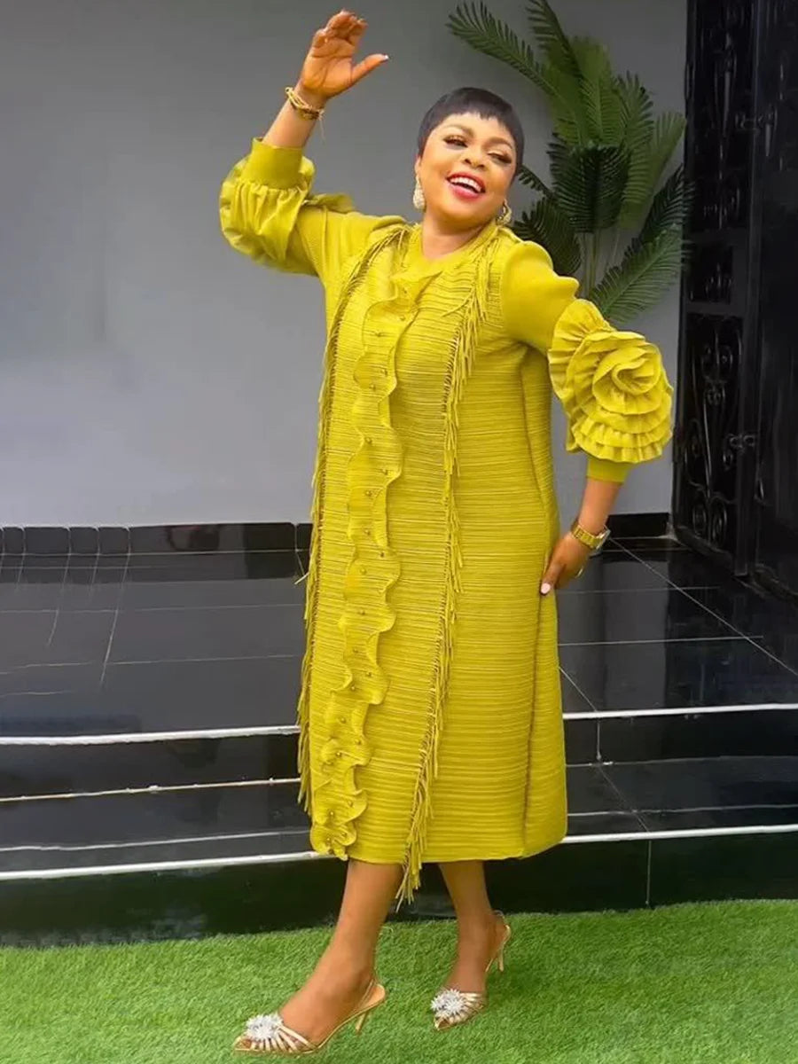 EGRM Miyake Pleated Dress Round Collar Full Sleeve Ruffles High Stretch Loose Dresses for Women 2025 New Autumn Clothing 2G3113 As Show One Size