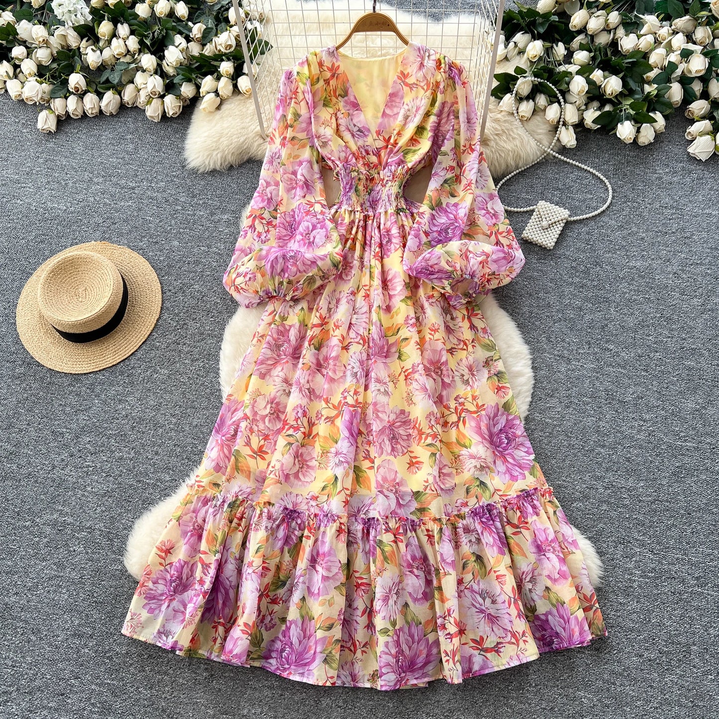 Chic vintage long sleeve lantern sleeve V-neck print pleated Elegant Fairy korean dress women clothing Long dress Yellow One Size
