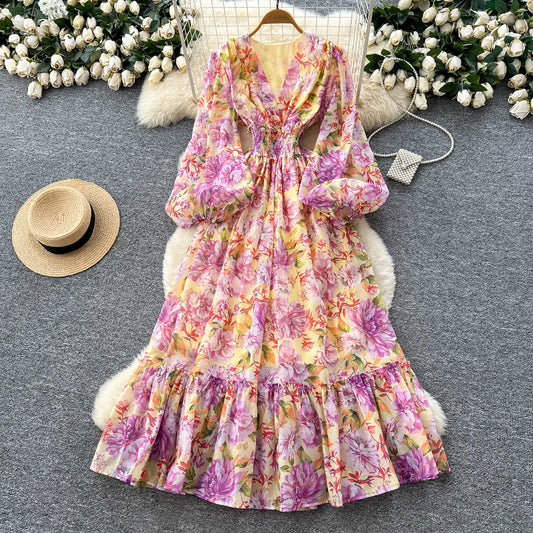 Chic vintage long sleeve lantern sleeve V-neck print pleated Elegant Fairy korean dress women clothing Long dress Yellow One Size