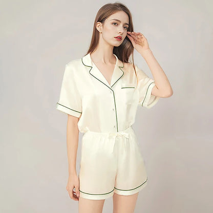 100% Real Mulberry Silk Womens Pajamas Set Sleepwear Pjs Button Down Short Sleeve Shirt Top and Shorts Loungewear 2 Piece M-4XL Milky White CHINA