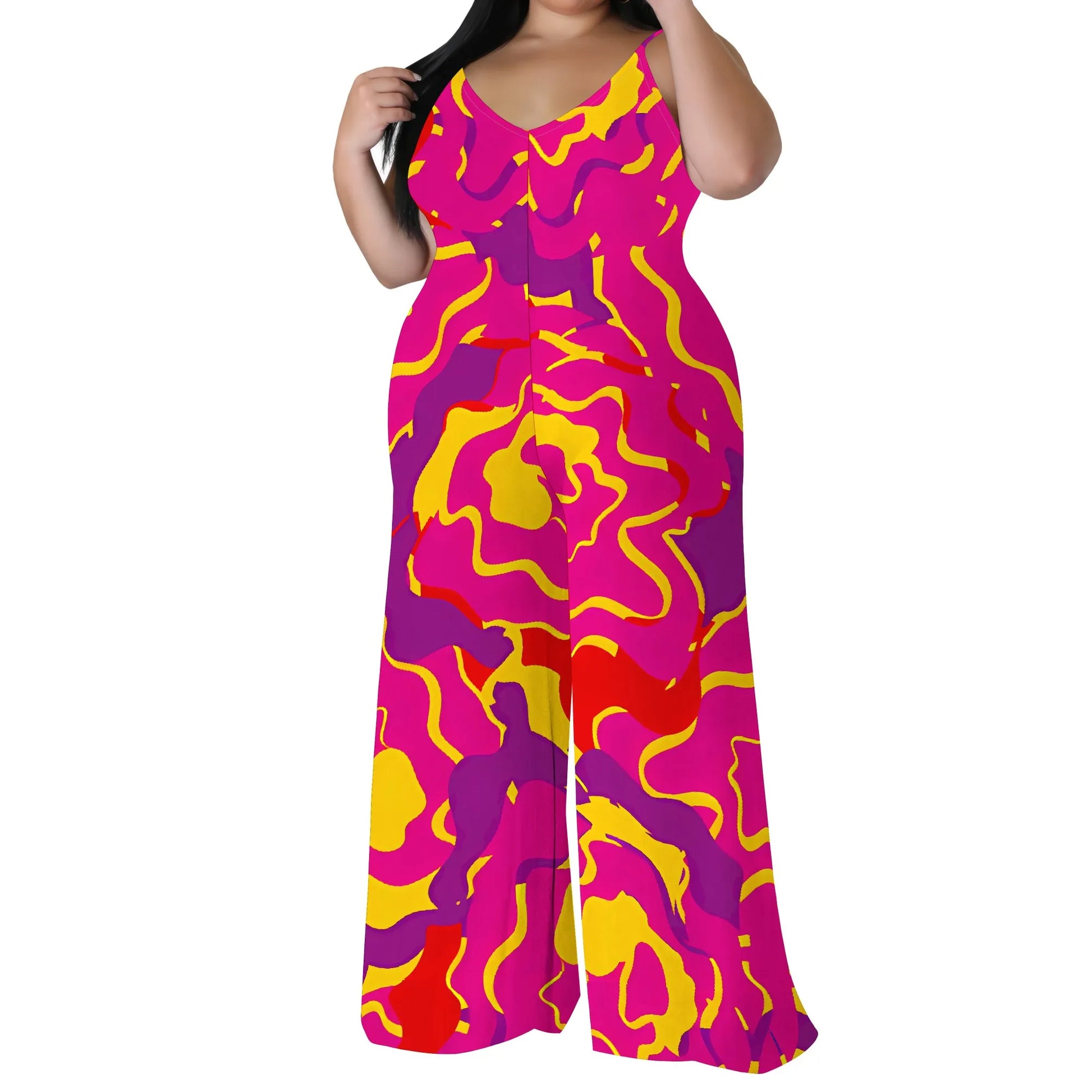 Plus Size Spaghetti Strap Jumpsuit Pink Yellow Abstract Print Wide Leg Summer Romper for Women