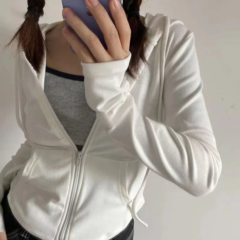 Lucyever Cropped Hooded Zip-Up Jacket Women Autumn New Slim Long Sleeve Y2K Sweatshirts Female Solid Streetwear Sports Hoodies