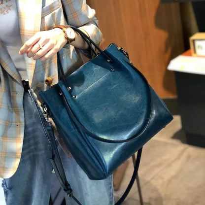 Burminsa Retro Cowhide Genuine Leather Handbags For Women 2025 Luxury Designer Work Tote Shopping Ladies Shoulder Crossbody Bags Blue