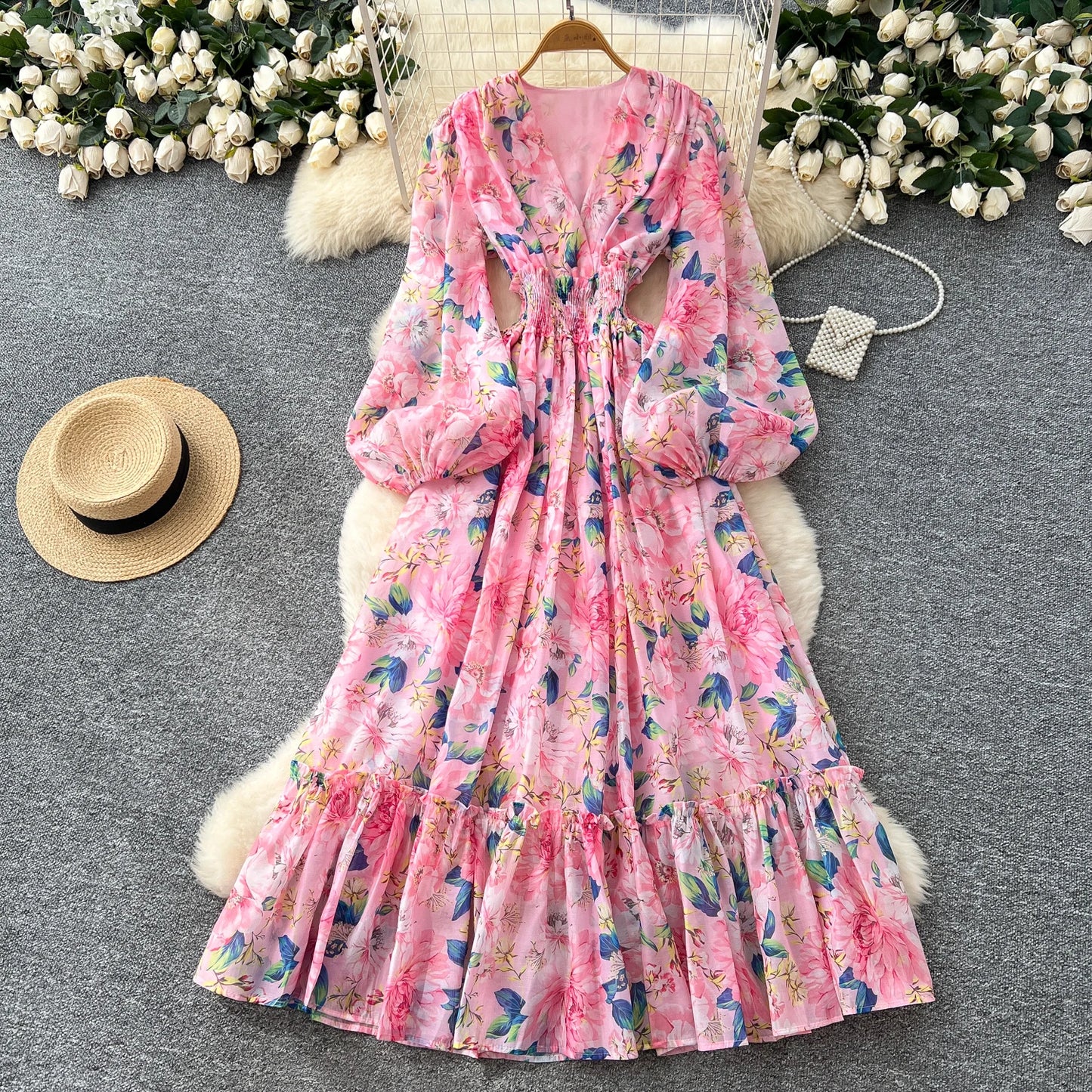 Chic vintage long sleeve lantern sleeve V-neck print pleated Elegant Fairy korean dress women clothing Long dress Pink One Size