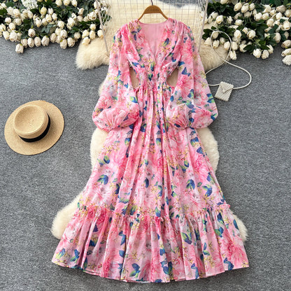 Chic vintage long sleeve lantern sleeve V-neck print pleated Elegant Fairy korean dress women clothing Long dress Pink One Size