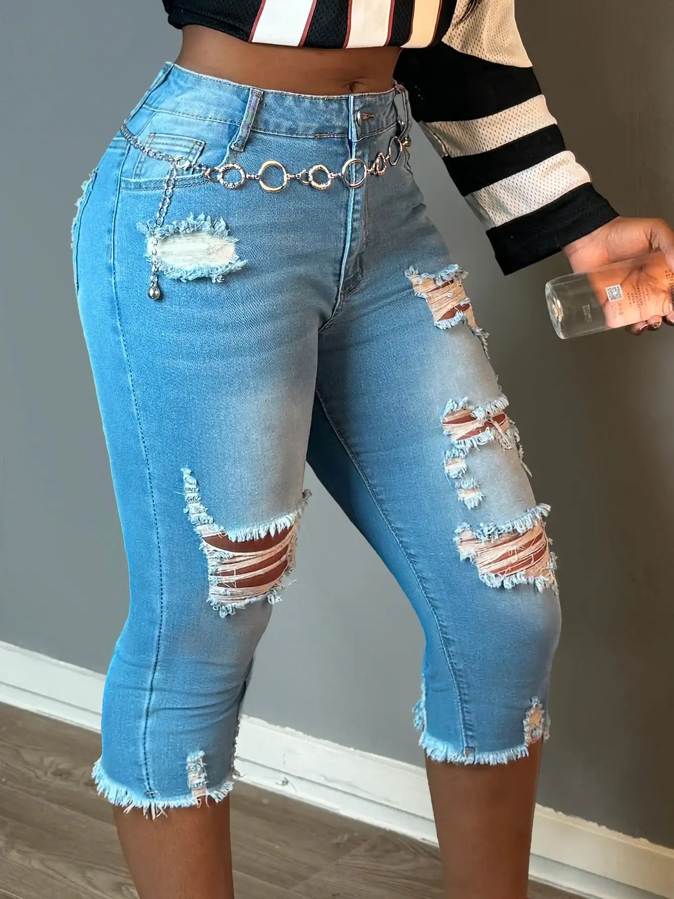 Women Fashion Casual Ripped Capri Jeans Slim-Fit Stretchy Jeans Classic Raw Hem Denim Calf-Length Pants