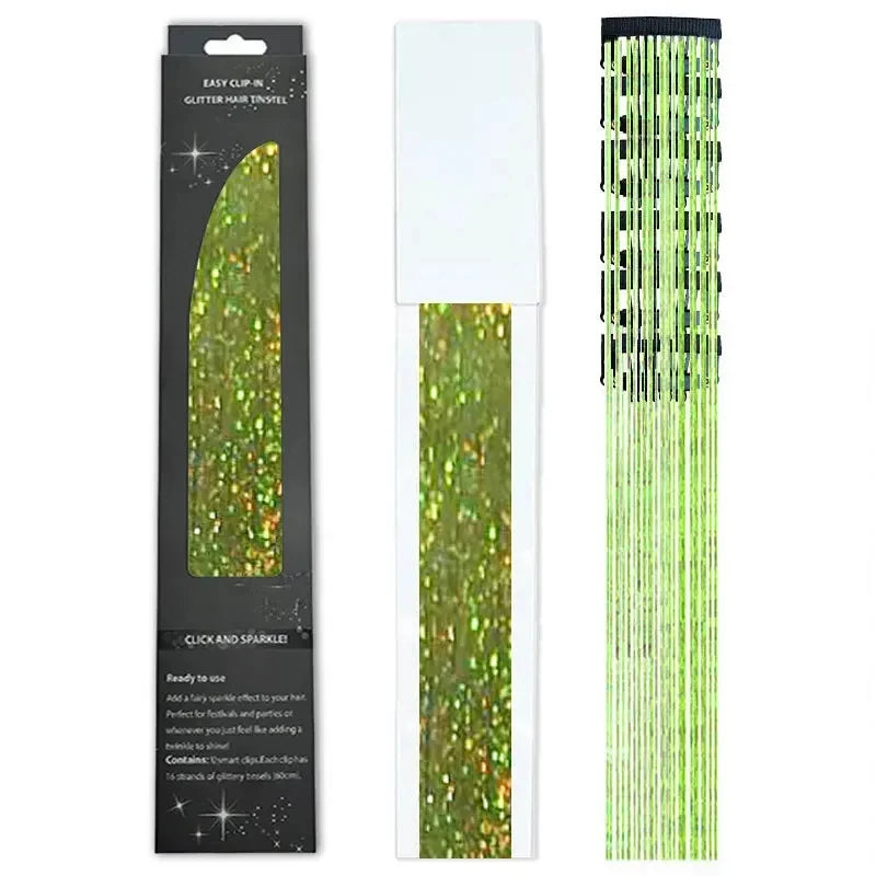 6-Piece Set BB Clip Tinsel Hair Metal Laser Gold Thread PET Laser Thread Highlighting Cross-Border Hair Accessories BB clip laser olive green tassel (6 black boxed)