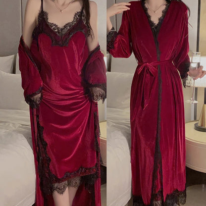 Women Warm Velour Homewear Long Kimono Robe Cami Sleepwear Burgundy Bathrobe Set Sexy Nightgown Winter Robe Suit Loungewear Burgundy Set