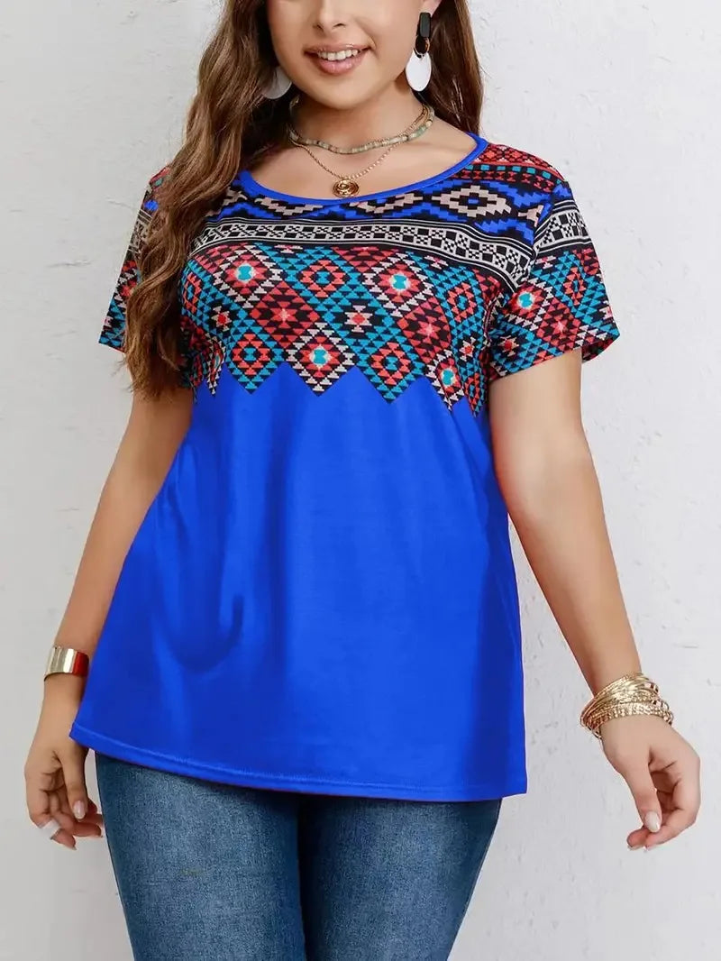Women T Shirt Plus Size Tops Fashion clothes Women's Plus Southwestern Print Casual Tees Round Neck Short Sleeve T-shirt Tops CTX-185
