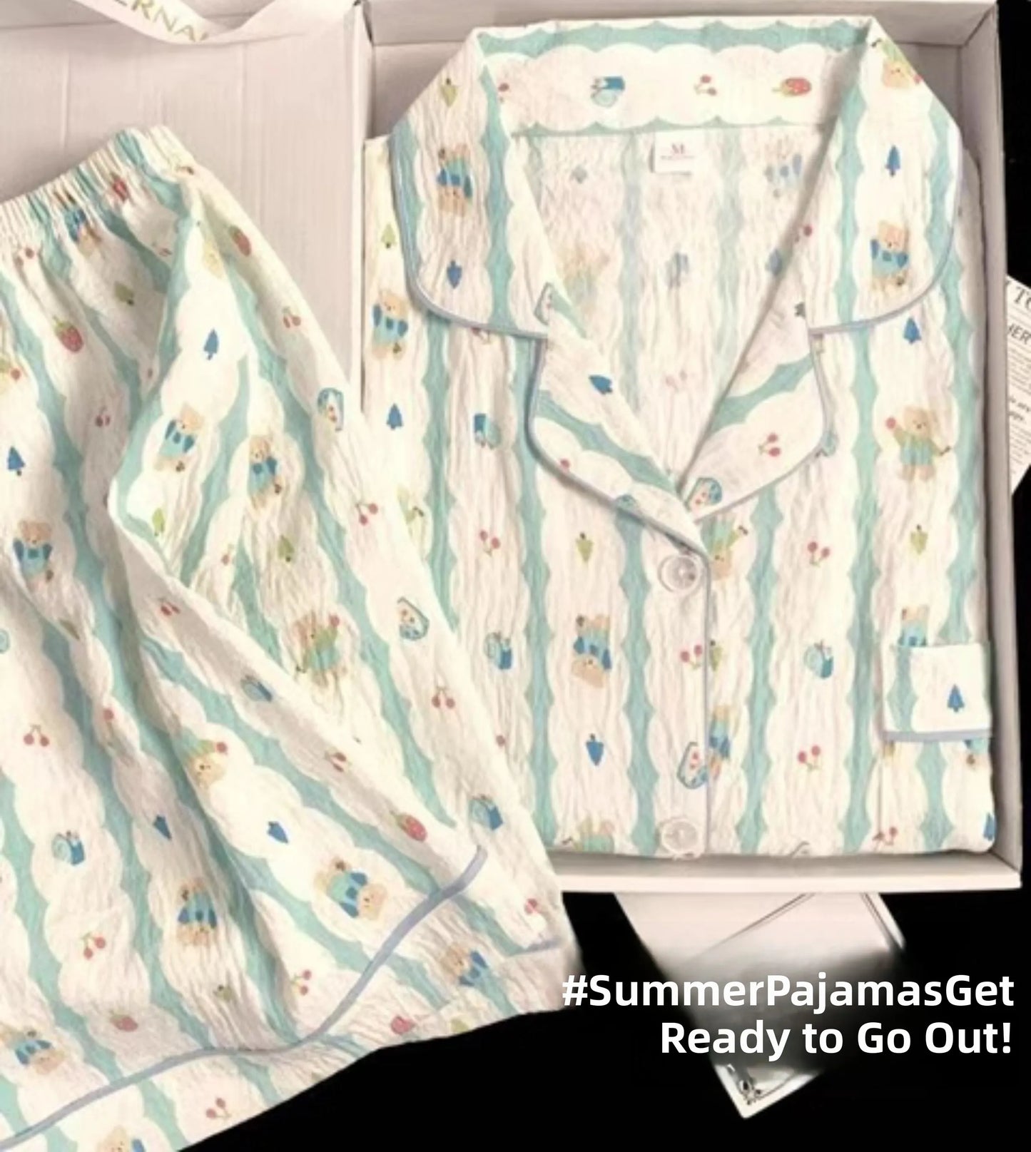 Cute Girl's Summer Cotton Linen ort Sve Nightgown Home Clothes Set Bear Print Gauze Spwear Simple Home Sle