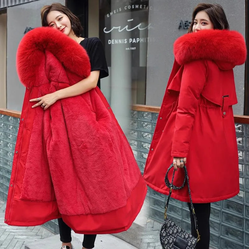 Thiened Fce Women's Cotton Jaet Korean Sle Slim Fit Mid-Length Parka Coat Warm Casual Outerwear for Winter Season