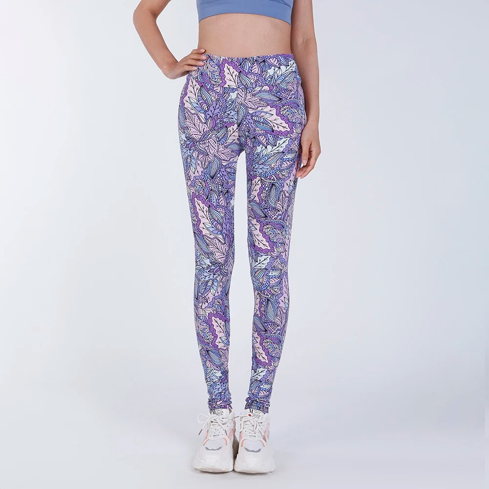 CUHAKCI High Waist Animal Printed Leggings Soft Stretchy Women Sexy Leopard Print Pencil Pants Sport Fitness Yoga Leggings S-2XL PD422PurplePinkLeaf