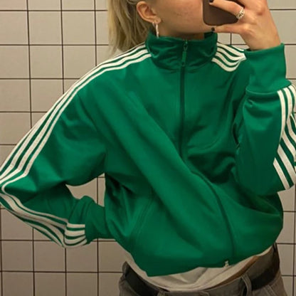 Women Sporty Zip Up Side Striped Jacket Autumn Casual Mock Neck Motorcycle Coats Tops Teen Girls Fashion Long Sleeve Sweatshirts green