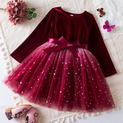 2025 Red Christmas Dress for Baby Girls Winter Long Sleeve Mesh Dresses for 3-8Yrs Kid Star Sequin Birthday Party Princess Dress