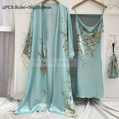 Four Pieces Pajamas Set Printed Little Cherry Sleepwear Women Satin Nightgown With Suspender Sling&Shorts Summer Home Clothes Light Green Cherry B