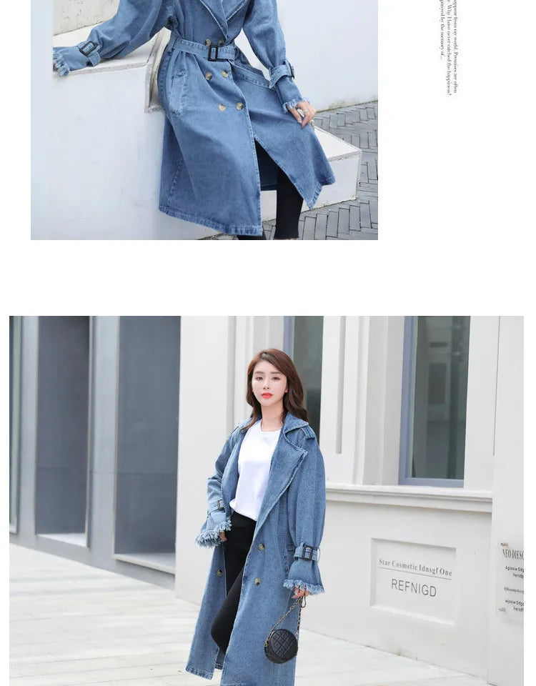 Trench Denim Coat Women Long Coats Lace Up Belt High Waist Turn Down Collar Maxi Jackets Y2k Single Breasted Elegant Autumn