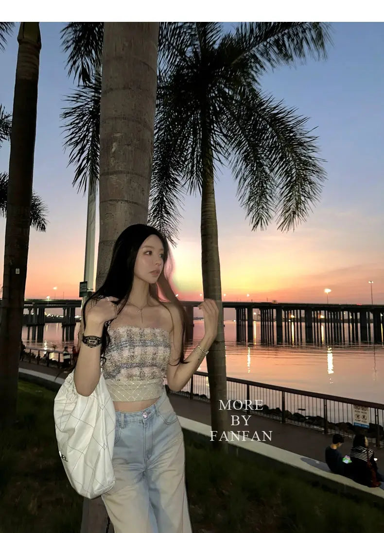 Sexy Camis Plaid Chic tube top Slim Korean Tanks Top Sleeveless Elegant Crop Top Summer Women Bustier